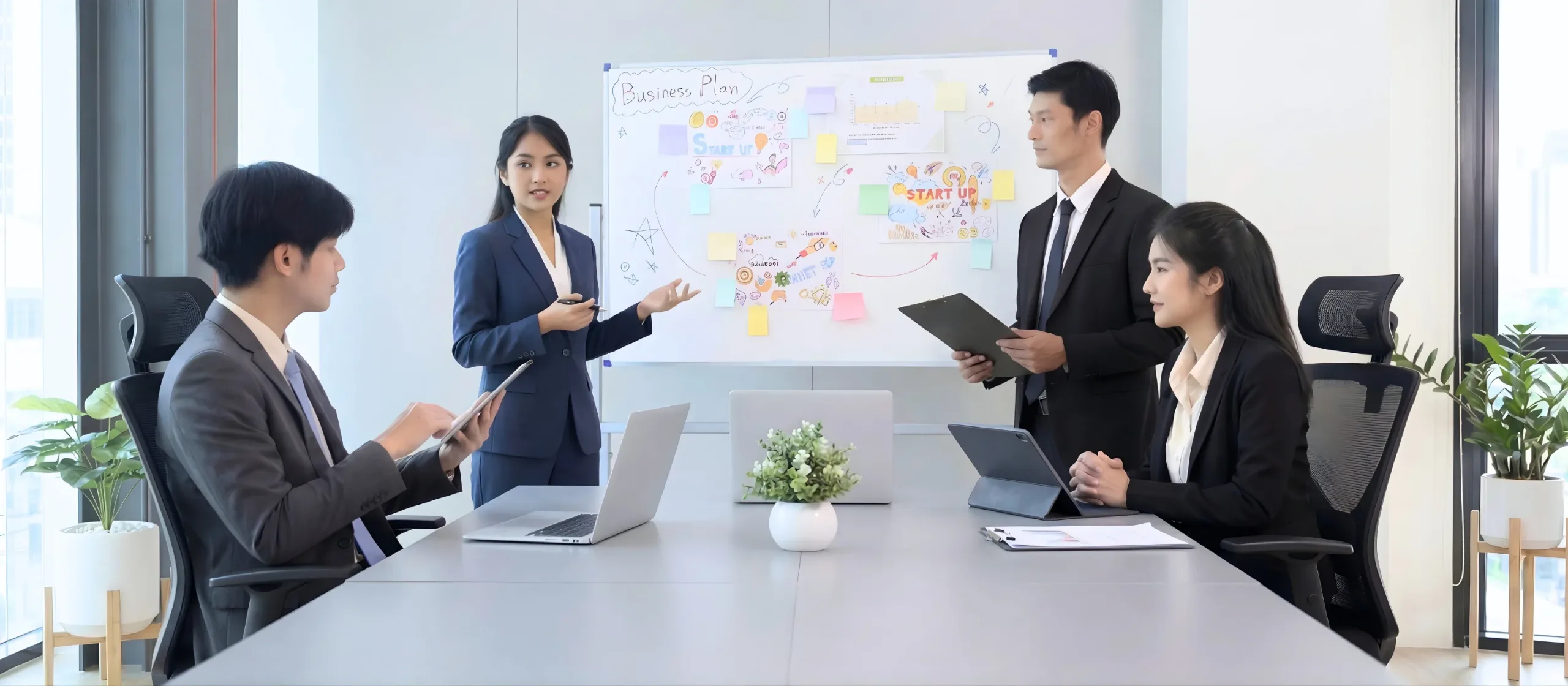 A team struggles through a meeting using a cluttered whiteboard and manual note-taking, showing the inefficiency of traditional meetings