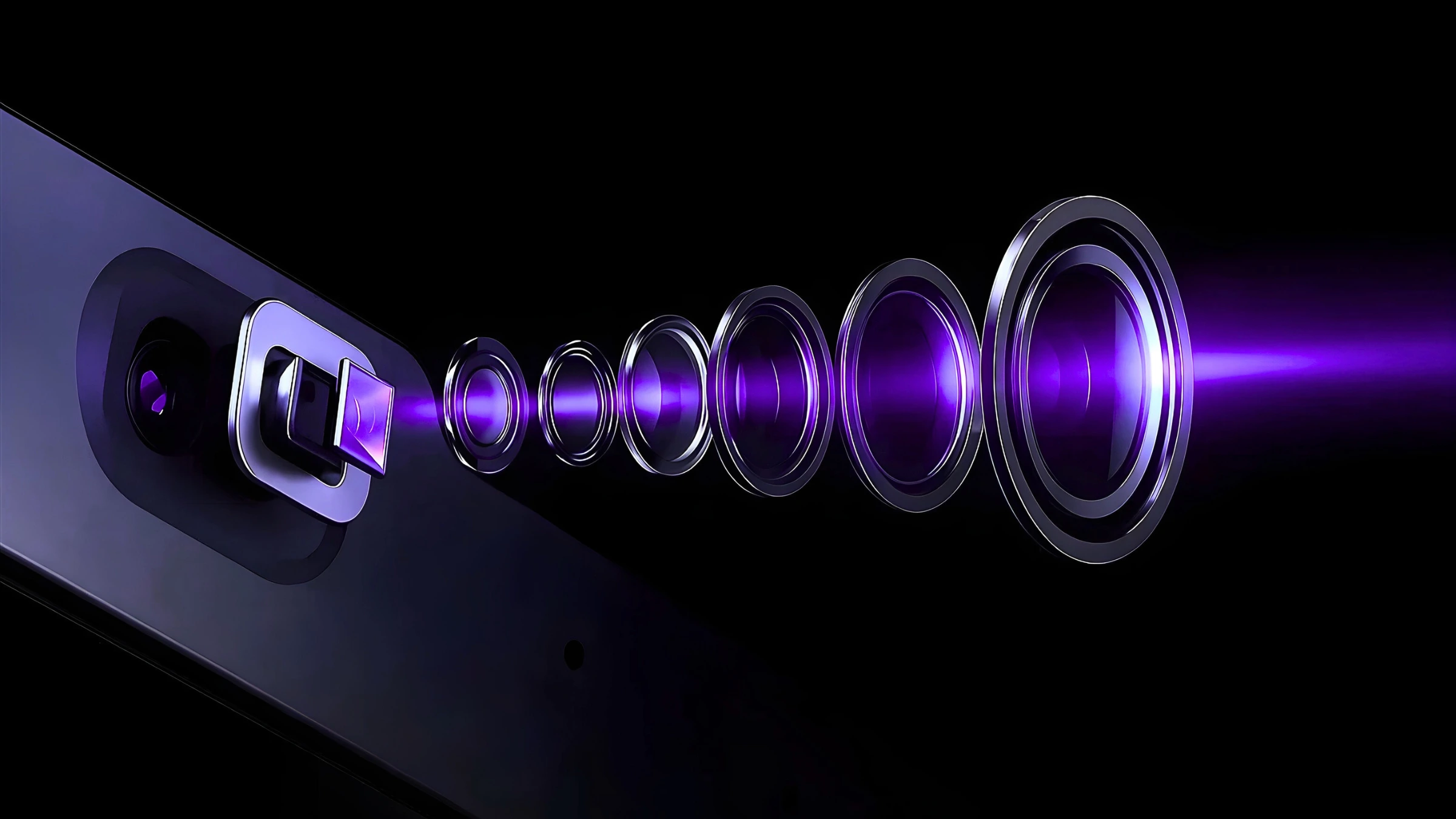 Close-up exploded view of the Qube i-Gen 48MP AI camera lens system with purple light refraction Close-up exploded view of the Qube i-Gen 48MP AI camera lens system with purple light refraction