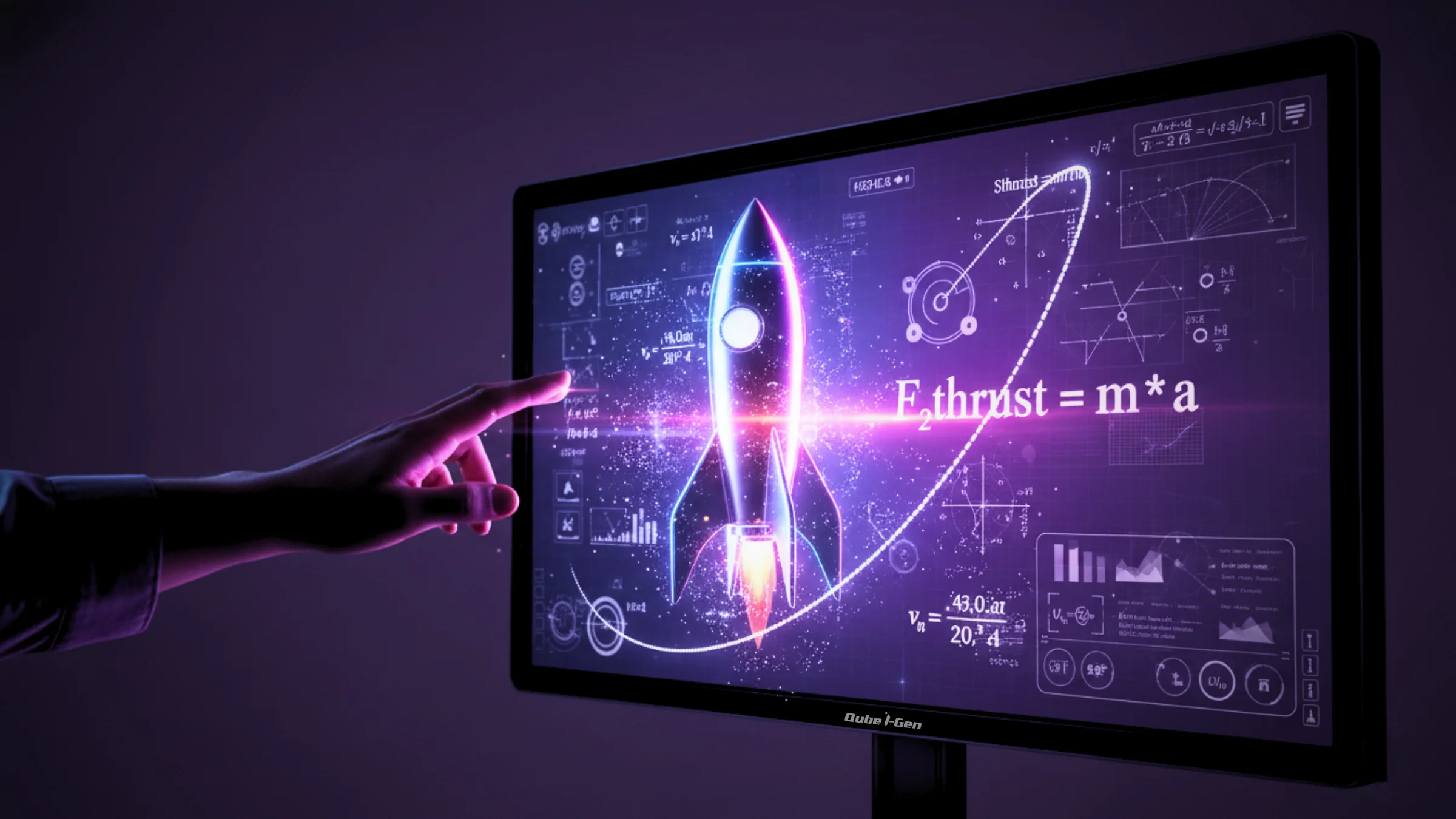 Hand pointing at a Qube i-Gen screen displaying a neon rocket simulation with physics formulas for interactive STEM lessons Hand pointing at a Qube i-Gen screen displaying a neon rocket simulation with physics formulas for interactive STEM lessons