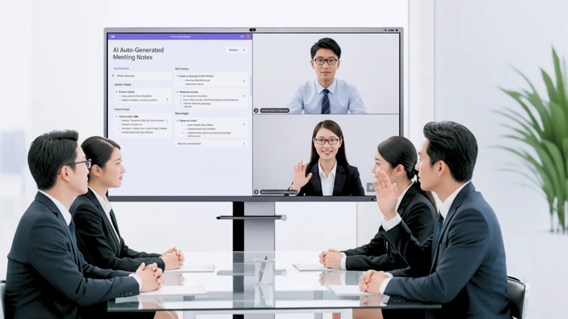 Hybrid meeting on the Qube i-Gen with AI-generated meeting notes shown on screen
