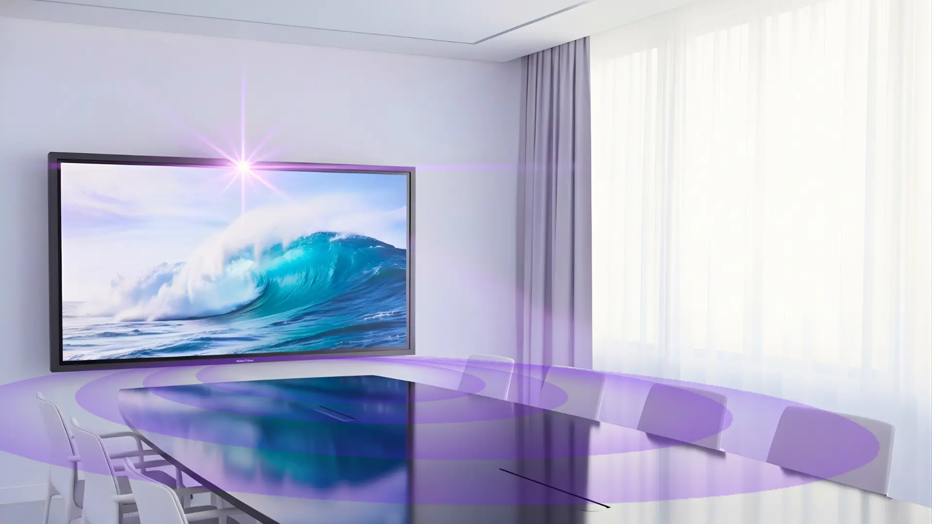 Interactive display showing ocean waves with purple sound waves, representing the Qube i-Gen’s 4K camera and 8-mic array