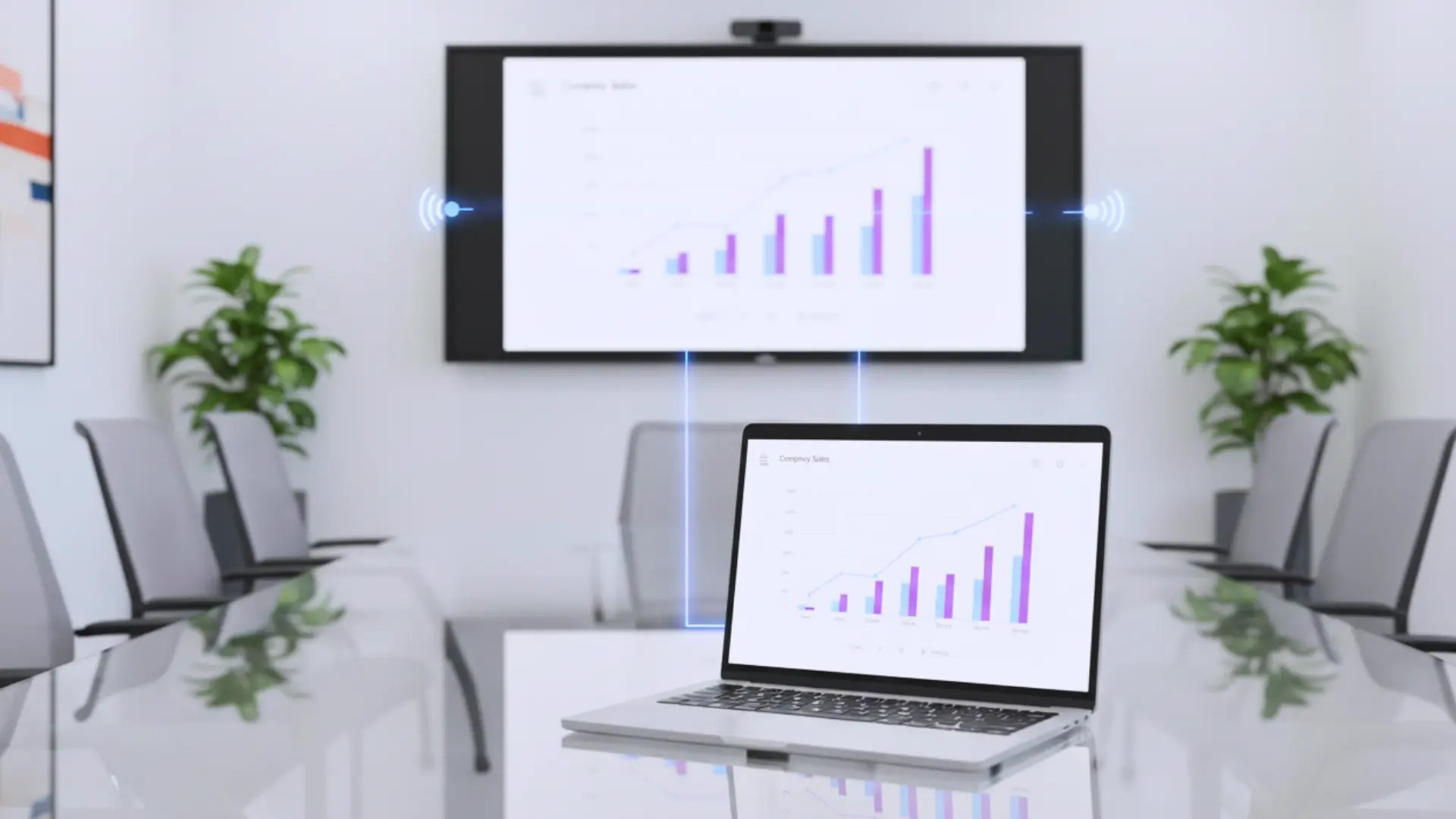 Laptop wirelessly casting its screen to a Qube i-Gen display in a meeting room