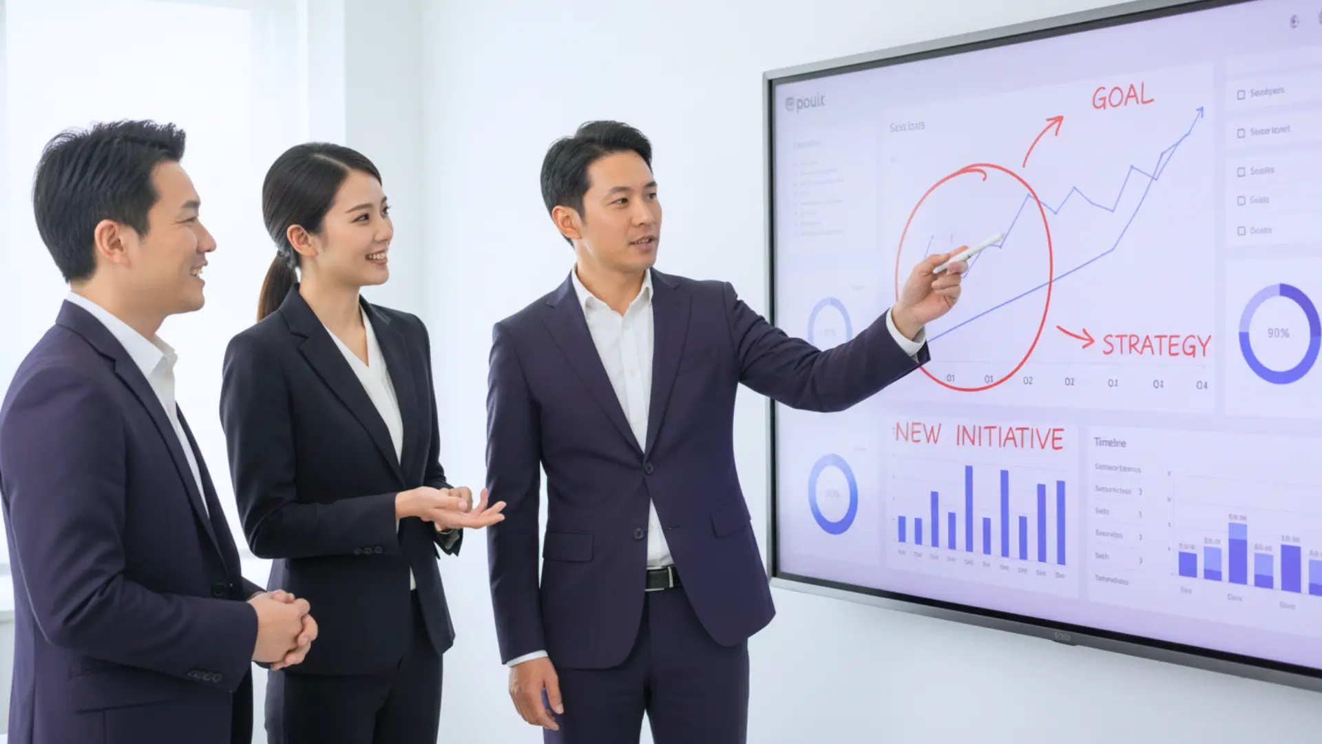 Professionals collaborating on graphs and notes using the Qube i-Gen digital whiteboard