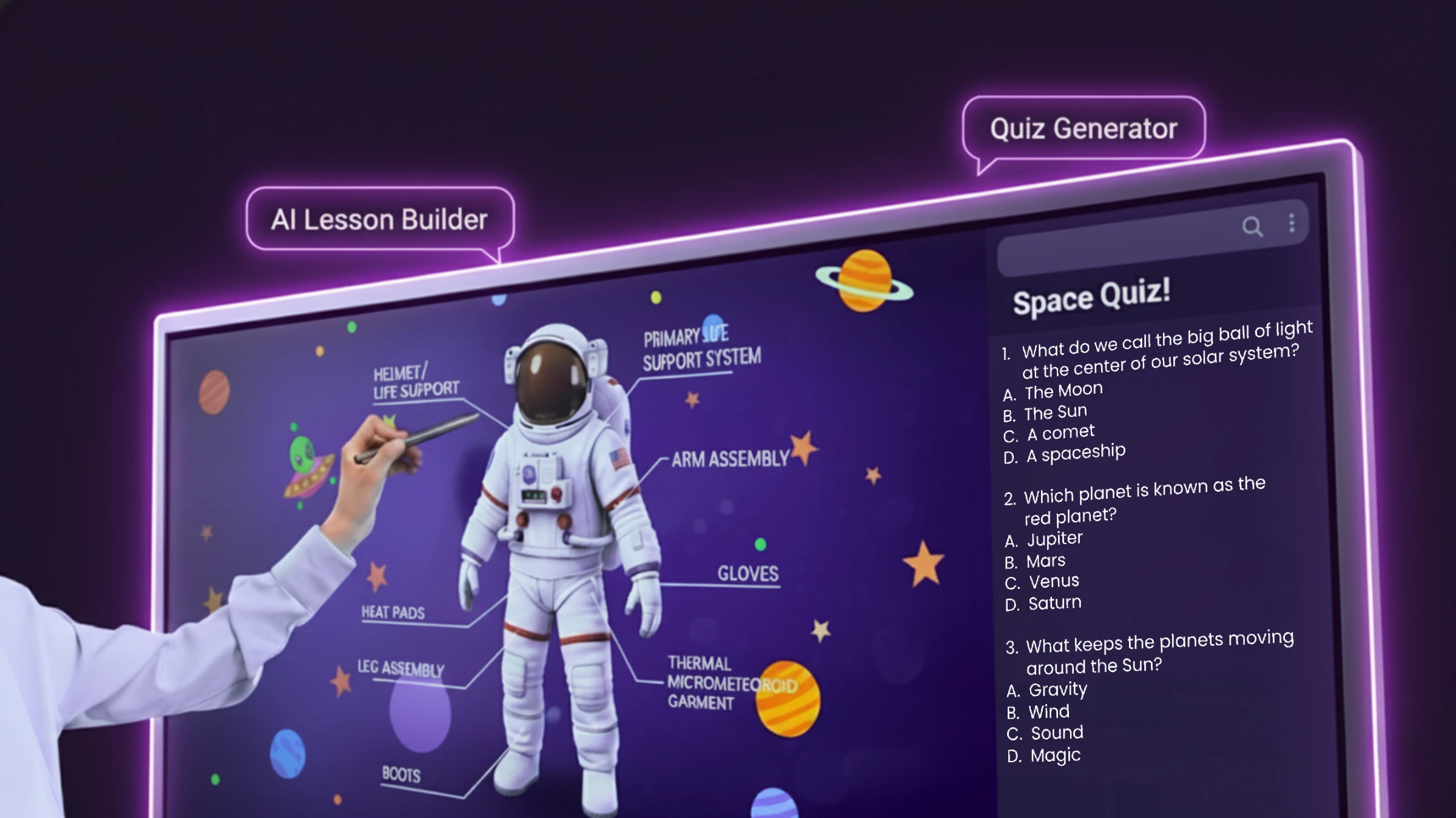 Qube i-Gen smartboard displaying AI Lesson Builder and Quiz Generator tools Qube i-Gen smartboard displaying AI Lesson Builder and Quiz Generator tools