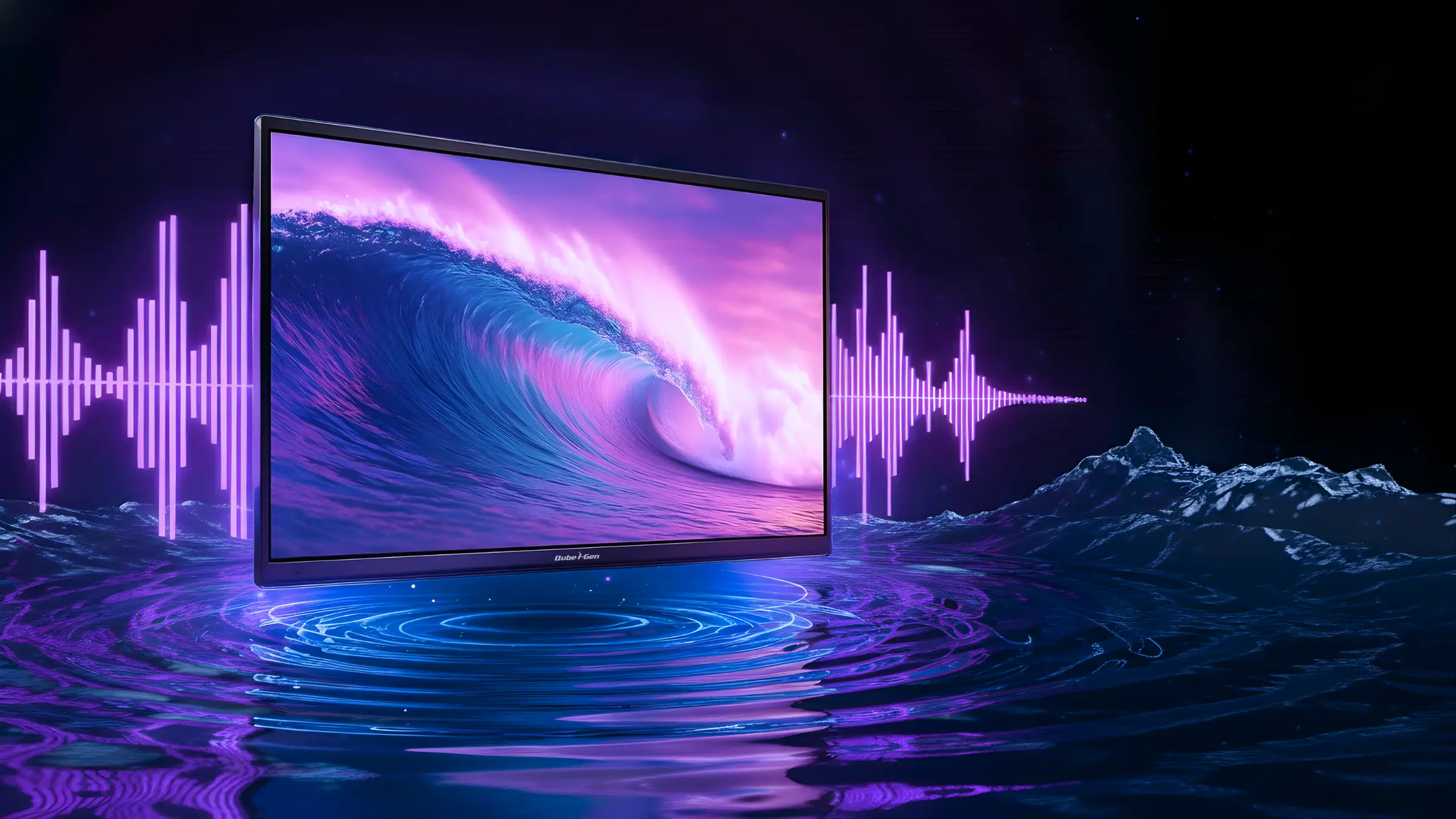 Qube i-Gen smartboard displaying a vibrant wave animation with purple soundwave visuals representing the 8-mic beamforming audio system Qube i-Gen smartboard displaying a vibrant wave animation with purple soundwave visuals representing the 8-mic beamforming audio system