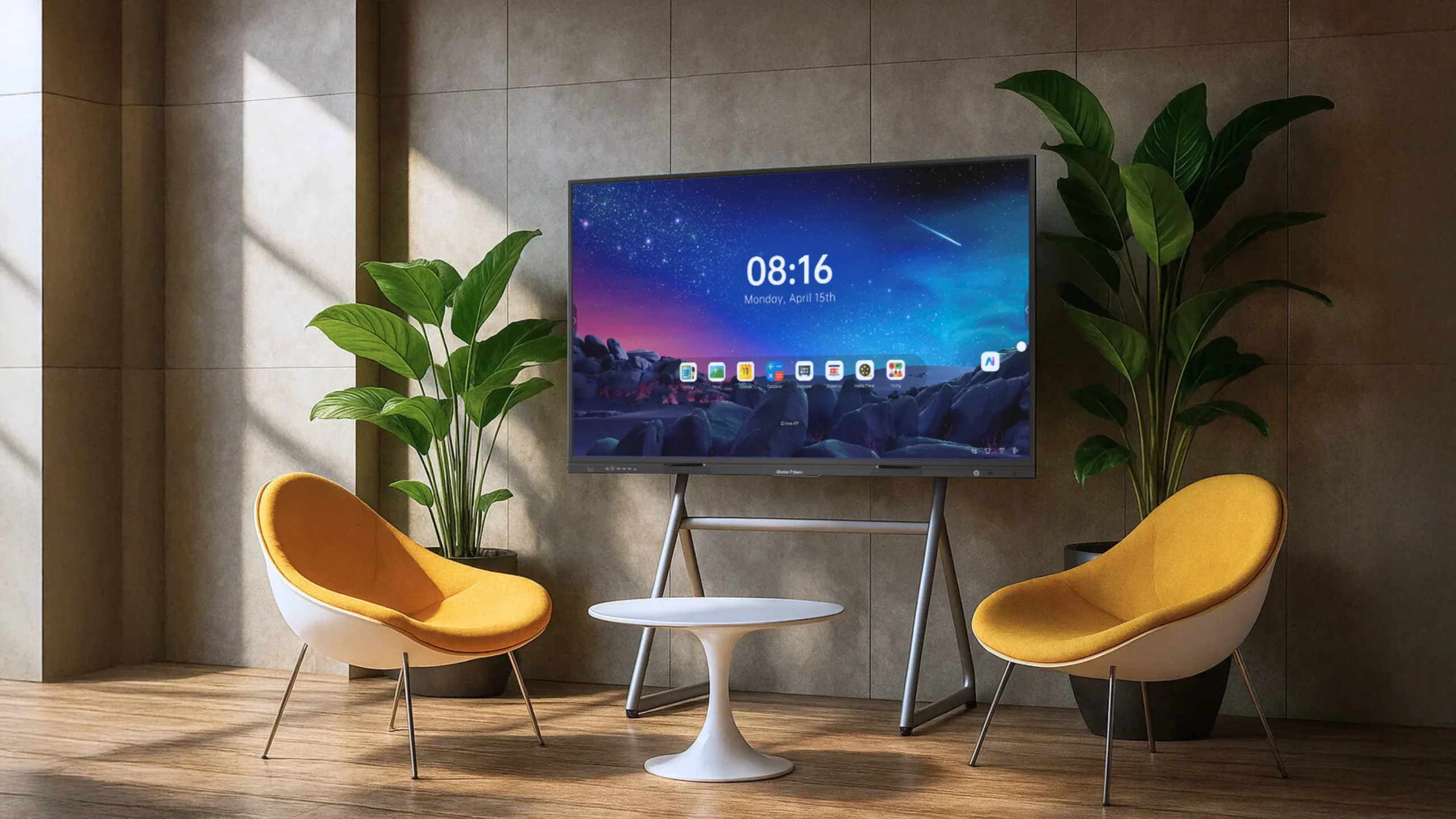 Qube i-Gen smartboard in a cozy lounge area with two yellow chairs and indoor plants