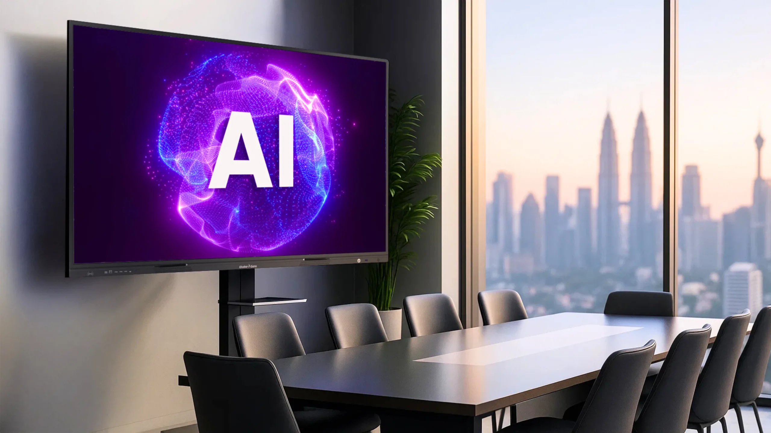 Qube i-Gen smartboard in a modern conference room with a city skyline view Qube i-Gen smartboard in a modern conference room with a city skyline view