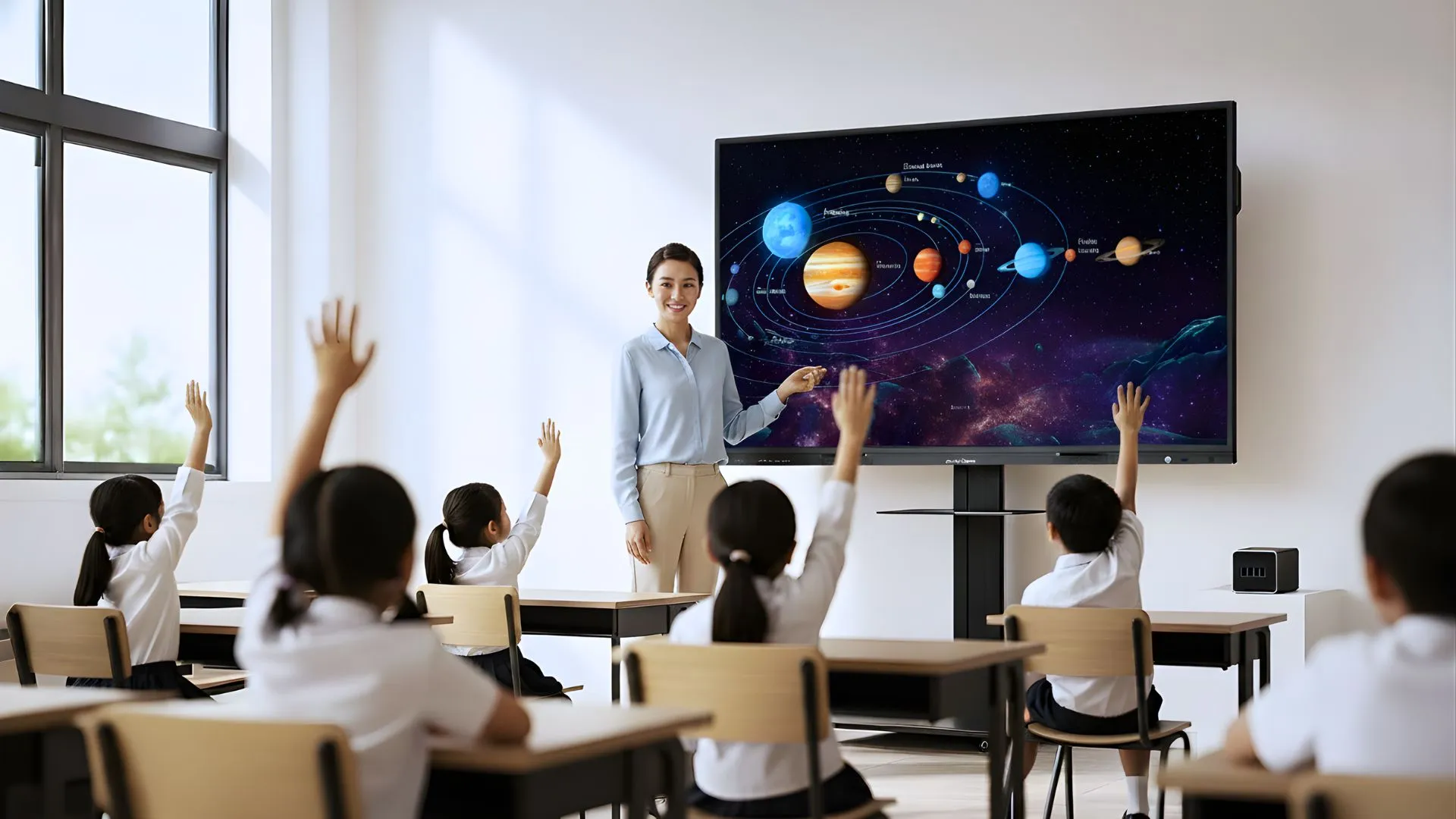 Qube-i-Gen-smartboard-in-classroom-with students A teacher uses a large interactive smartboard to teach a solar system lesson to young students in a bright classroom. Several students raise their hands eagerly to answer, and sunlight streams through large windows, creating a warm and engaging learning atmosphere.