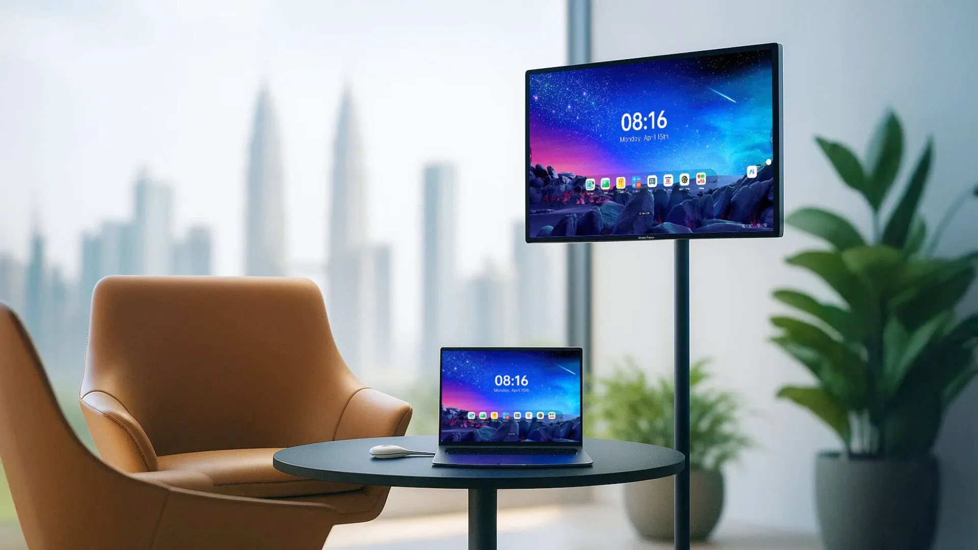 Qube-i-gen-Seamless-connection-accross-devices- A modern workspace with a sleek laptop wirelessly connected to a large display showing the same screen interface. The setup sits on a round table beside a brown armchair, with a city skyline visible through tall glass windows and indoor plants adding a calm, professional vibe.
