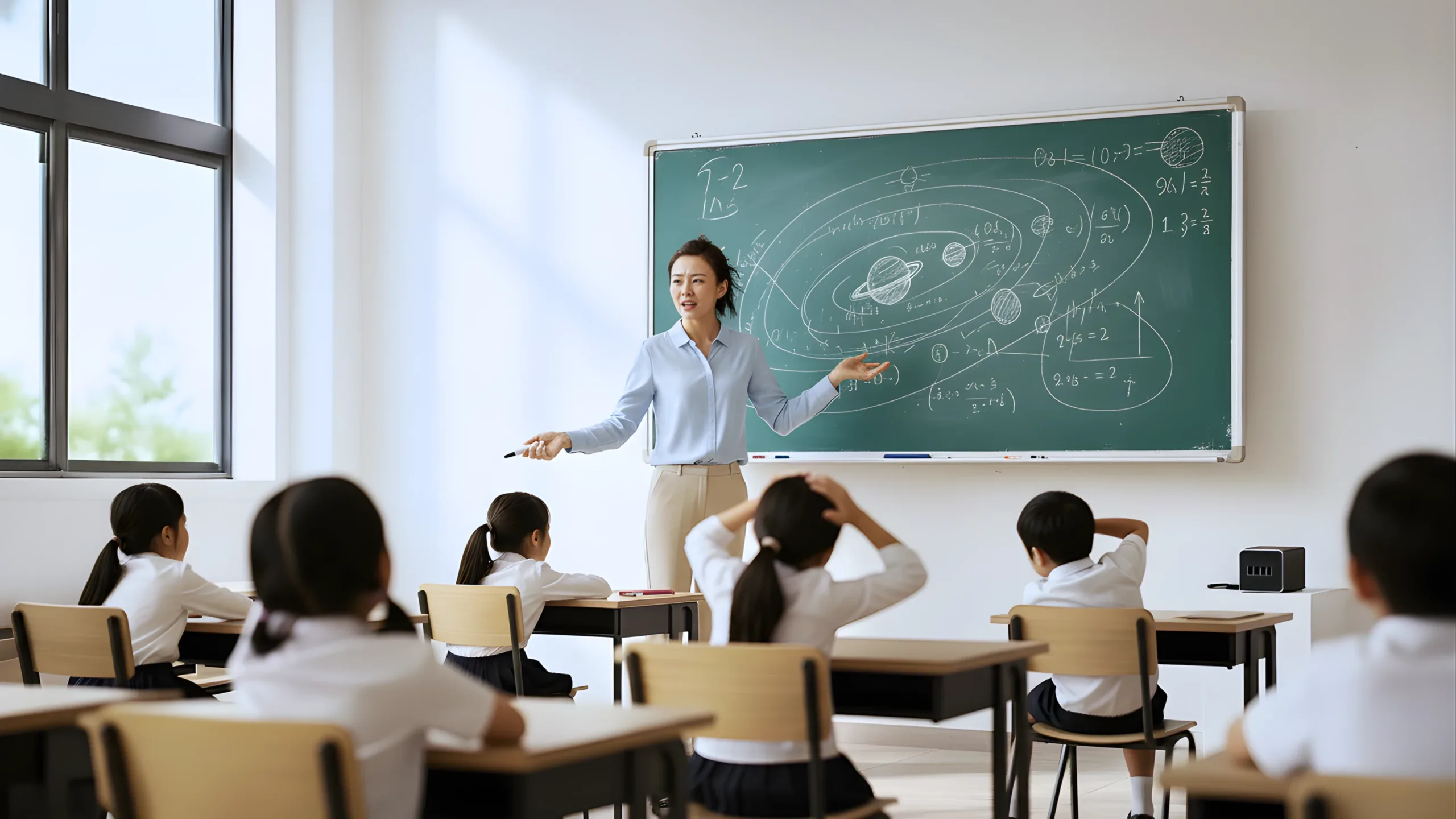 Teacher explaining a solar system diagram on a chalkboard while primary school students listen and participate in a classroom setting
