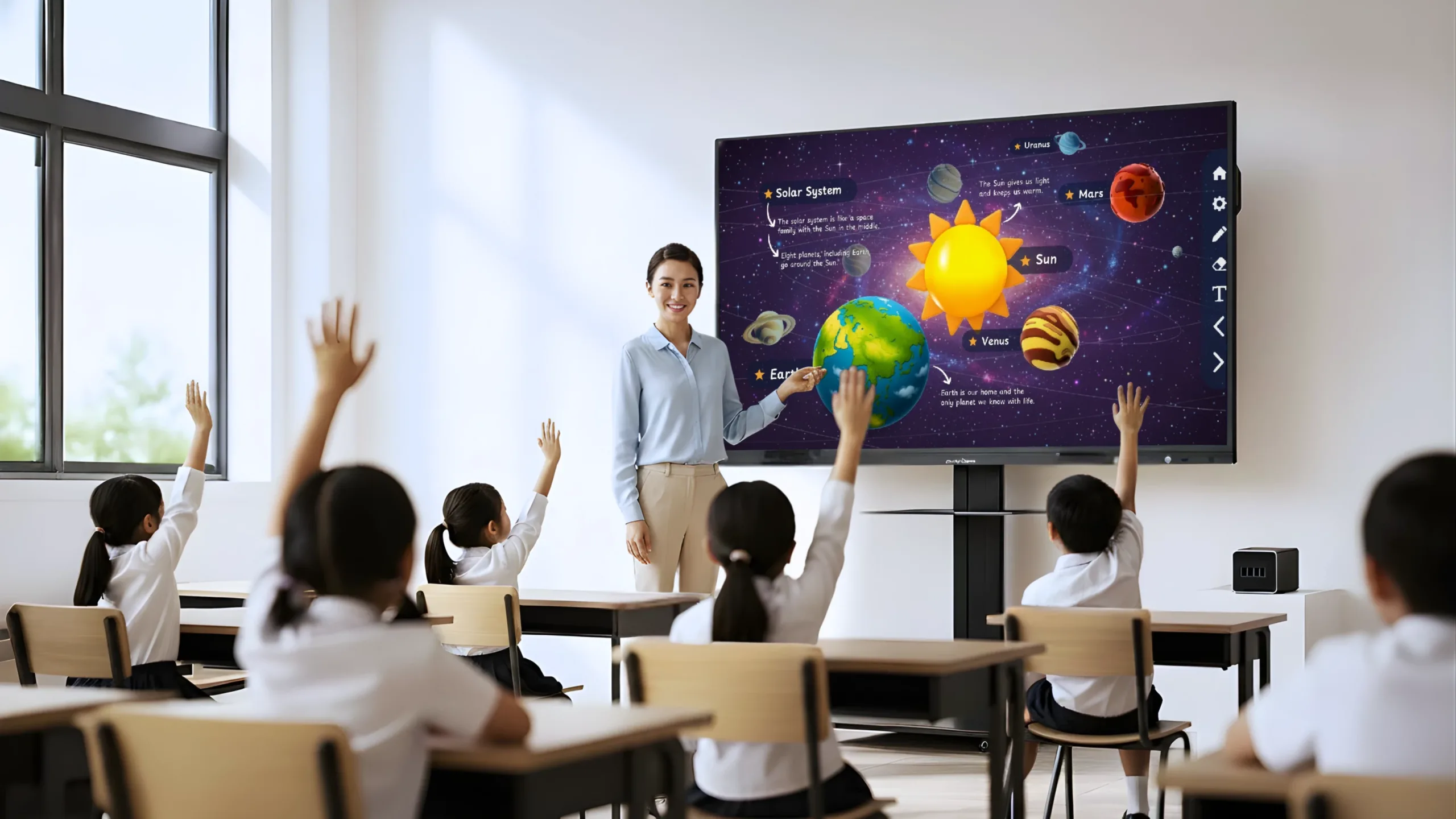 Teacher using an interactive smartboard to teach the solar system to young students in a bright classroom with children raising their hands during the lesson