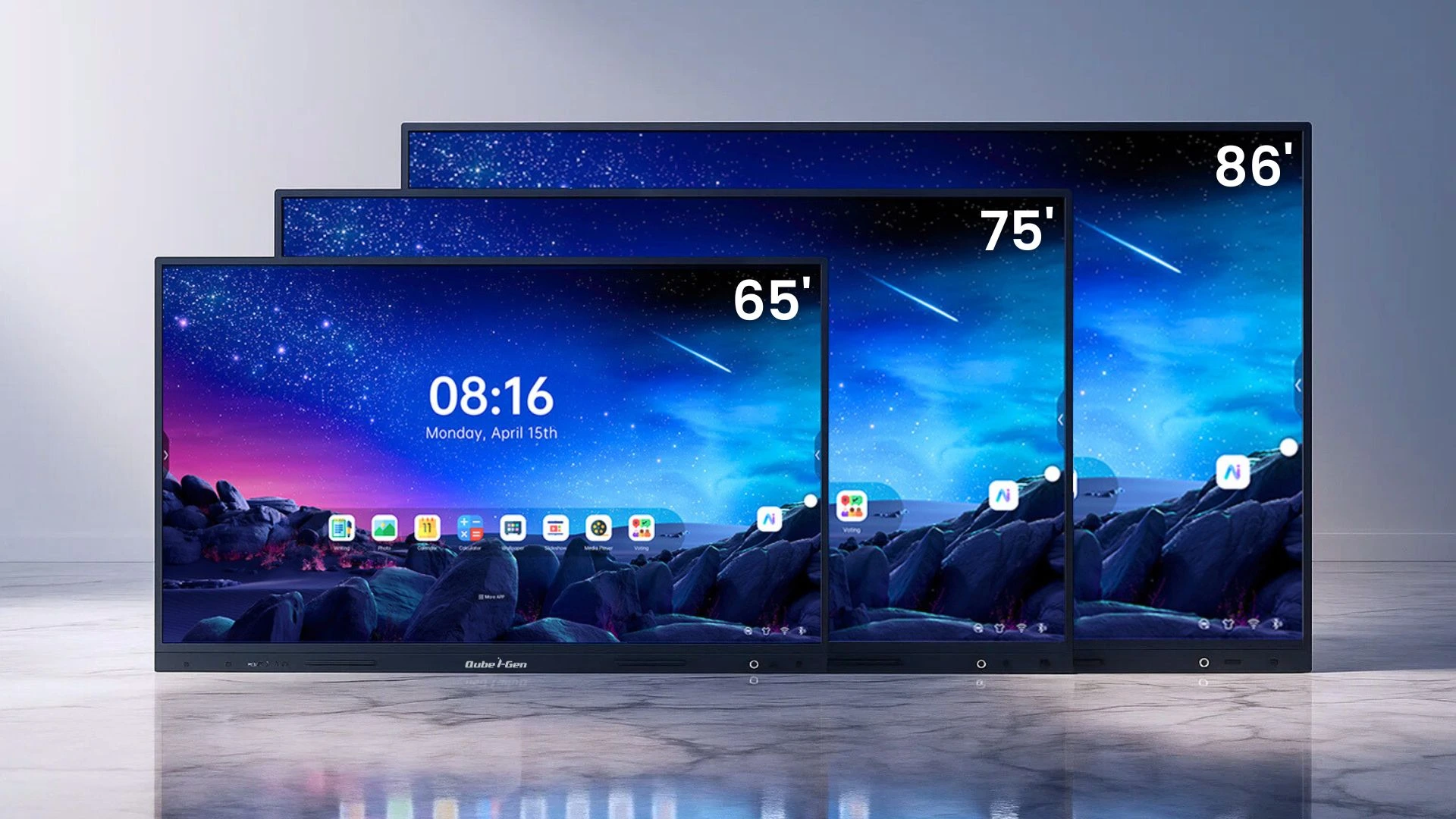 Three Qube i-Gen smartboards in 65, 75, and 86 sizes displayed side by side, showcasing their sleek design and 4K interactive screens. Three Qube i-Gen smartboards in 65″, 75″, and 86″ sizes displayed side by side, showcasing their sleek design and 4K interactive screens.