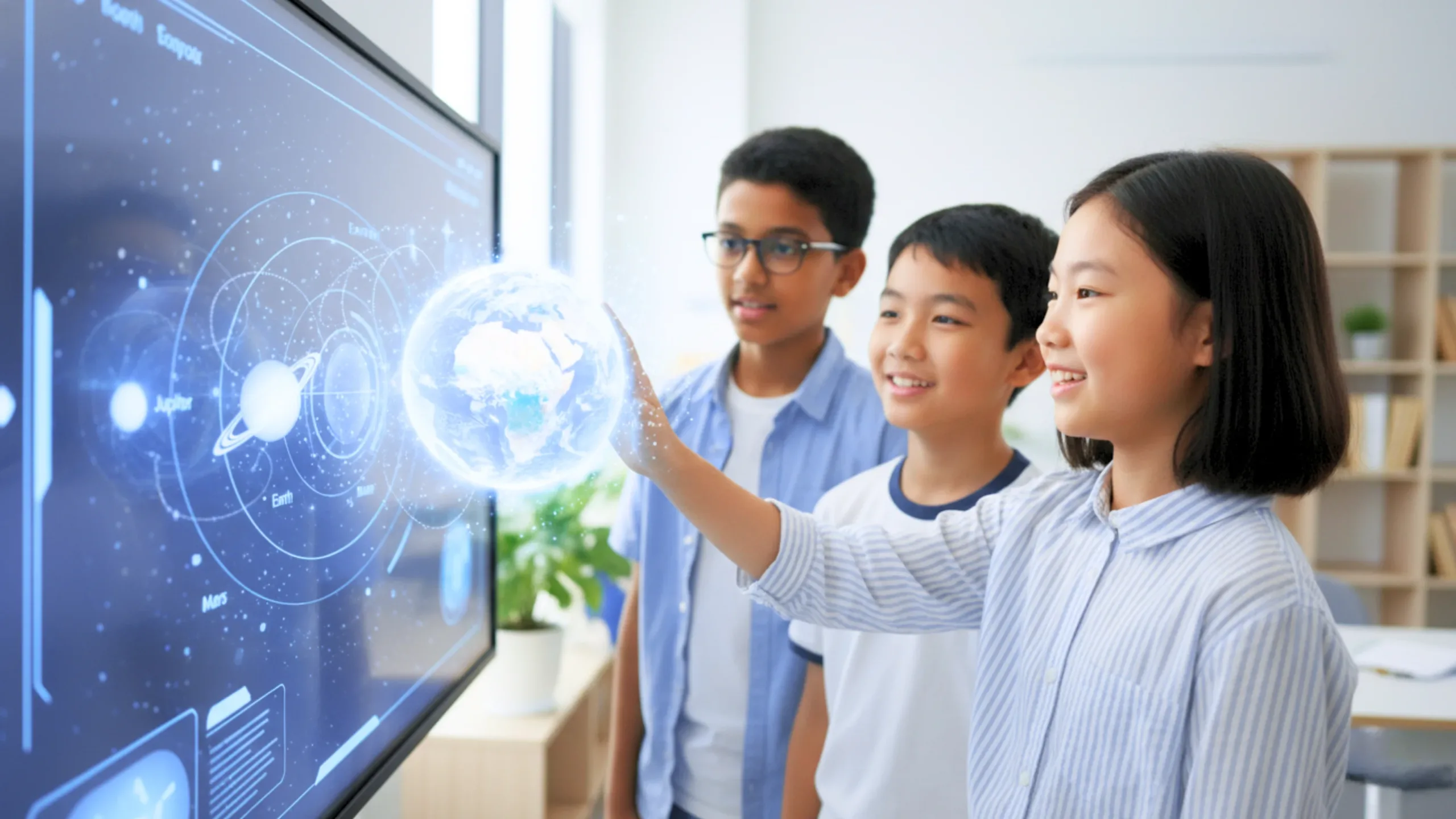 Three students interact with a Qube i-Gen smartboard during class Three students interact with a Qube i-Gen smartboard during class