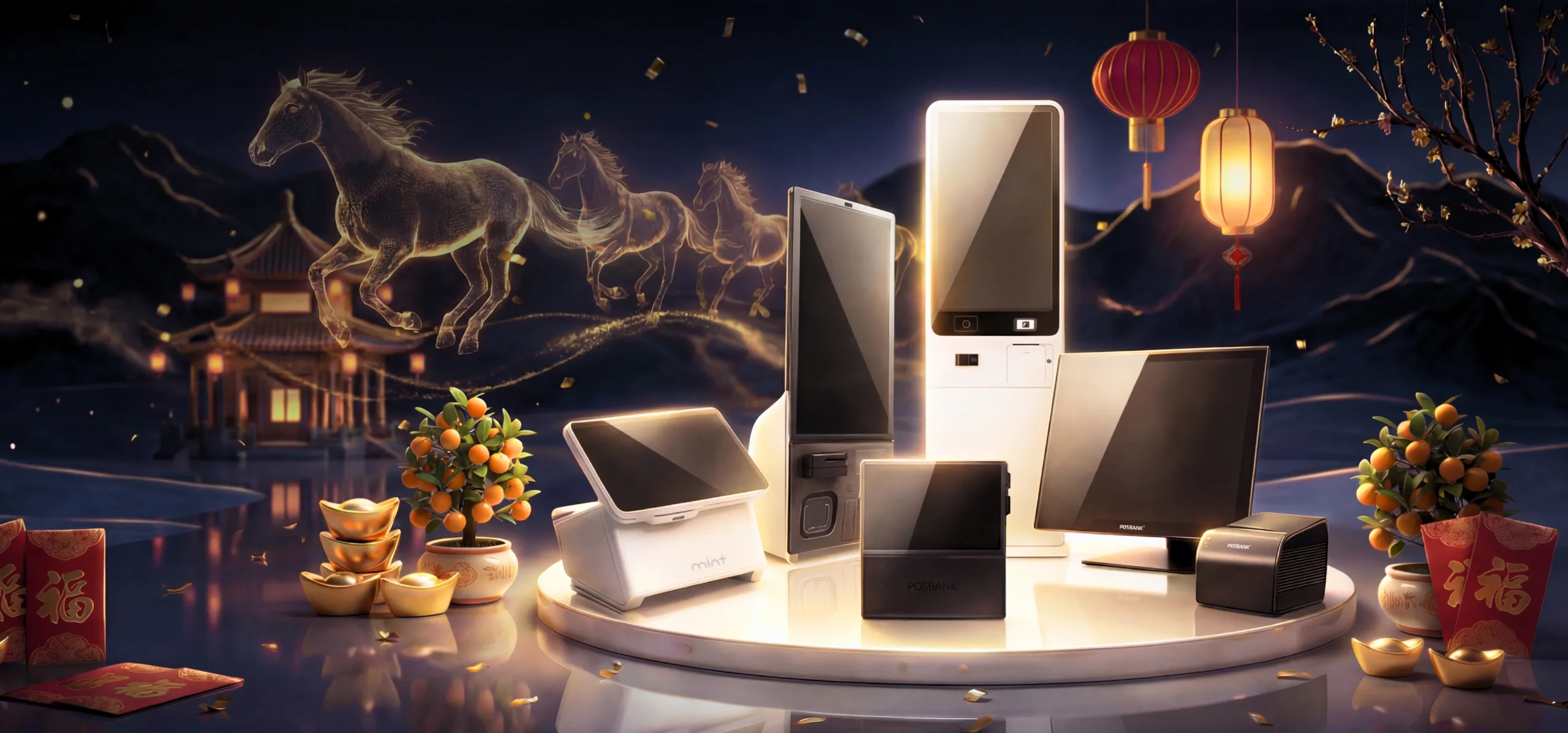 POSBANK point of sale hardware lineup displayed with touchscreen terminals printers and kiosk devices in a Chinese New Year festive setting featuring lanterns gold ingots and a running horse motif