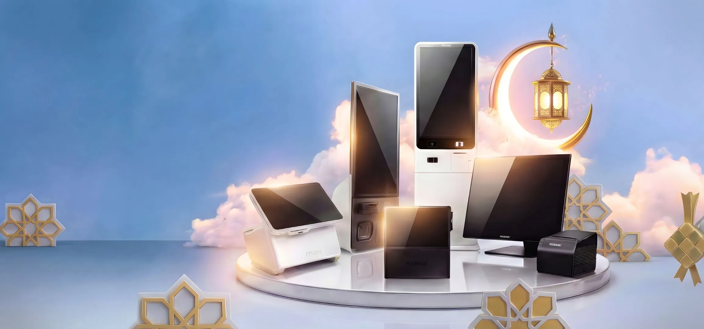 POSBANK POS hardware solutions including touchscreen terminals and self service kiosk displayed in Raya festive theme for retail and F&B businesses in Malaysia.