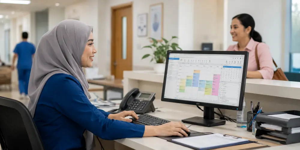 Clinic staff managing appointment scheduling with healthcare IT solutions