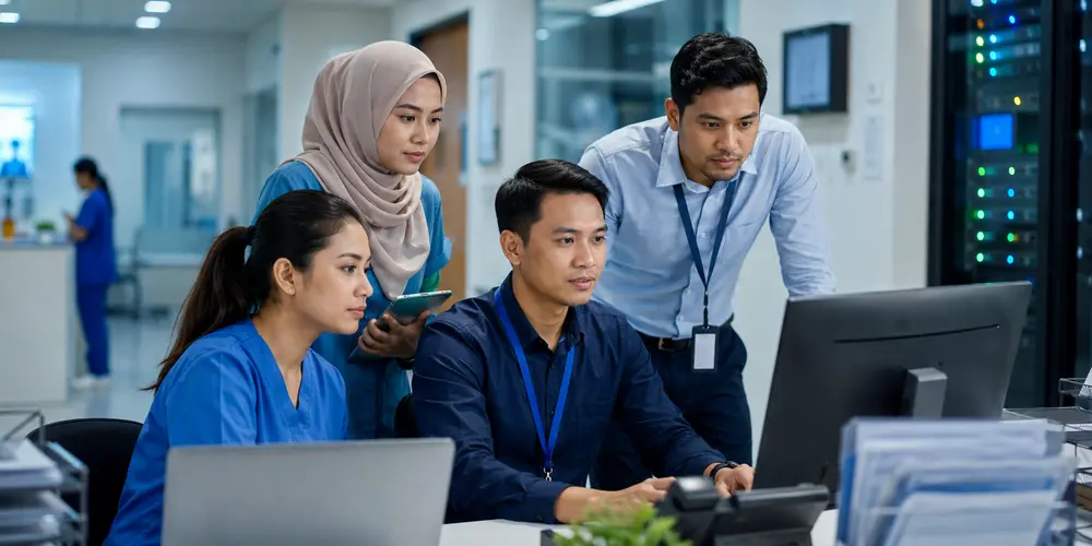Healthcare team monitoring IT systems for business continuity