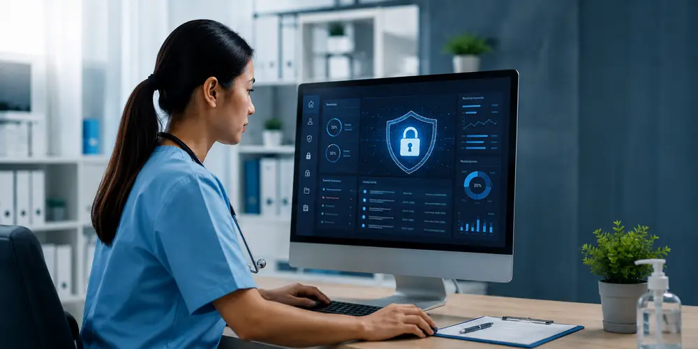 Healthcare staff reviewing data protection and cybersecurity systems