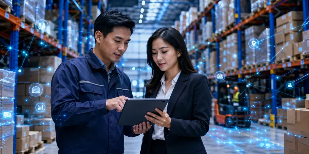 Warehouse professionals reviewing warehouse management system in a digital warehouse