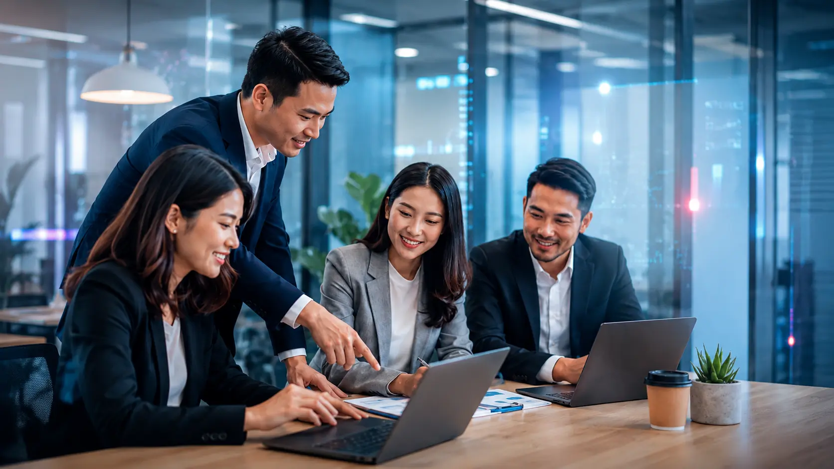 Solusi untuk Bisnis yang Siap Bekerja Lebih Cerdas Tim bisnis berkolaborasi menggunakan solusi ICT di kantor modern