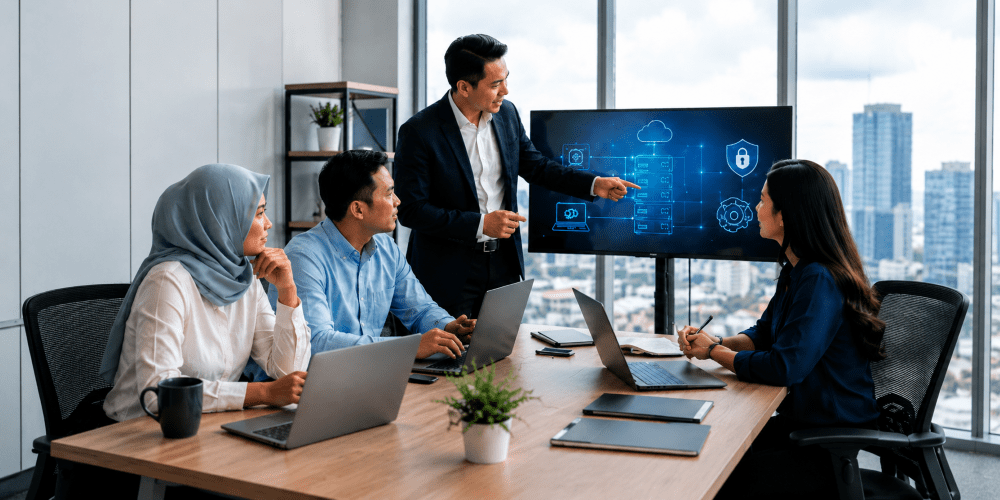 Business team reviewing IT infrastructure and technology priorities in a modern office