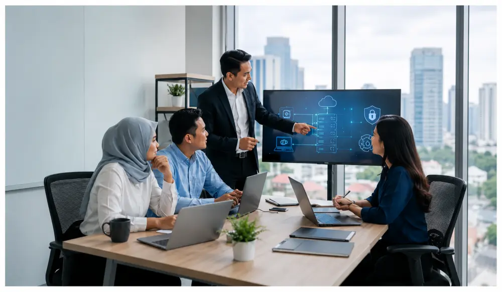 Business team reviewing IT infrastructure and technology priorities in a modern office