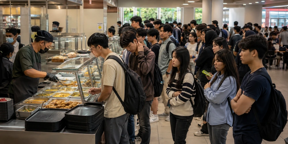 Students waiting in a long canteen queue during peak lunch hour