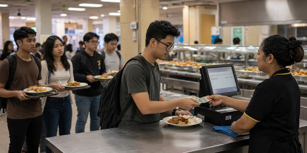 Students queuing to pay with cash at a busy university canteen counter