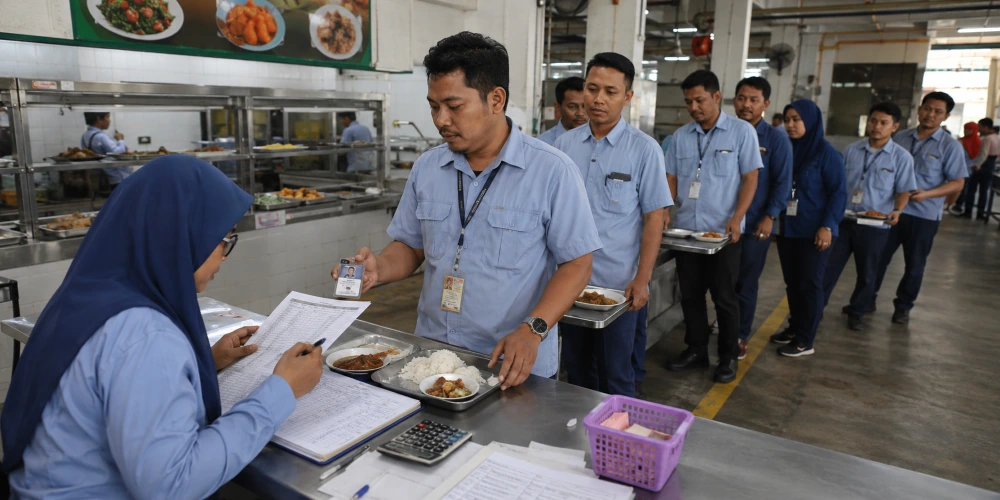 Factory workers queuing while staff manually check meal subsidy records