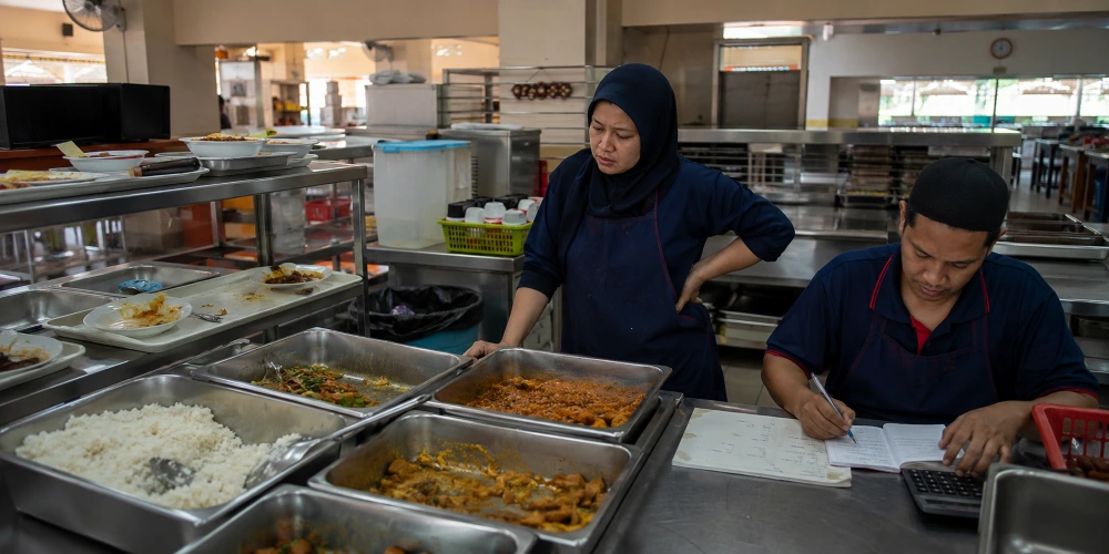 Canteen operators reviewing leftover food and manual records for menu planning