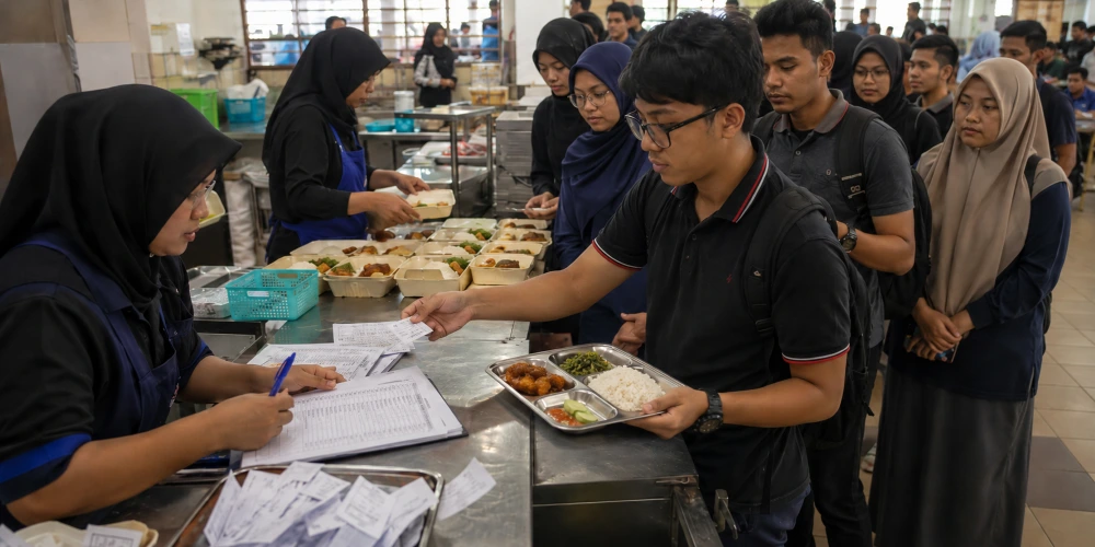 Students redeeming pre-ordered meals while staff manually check paper records