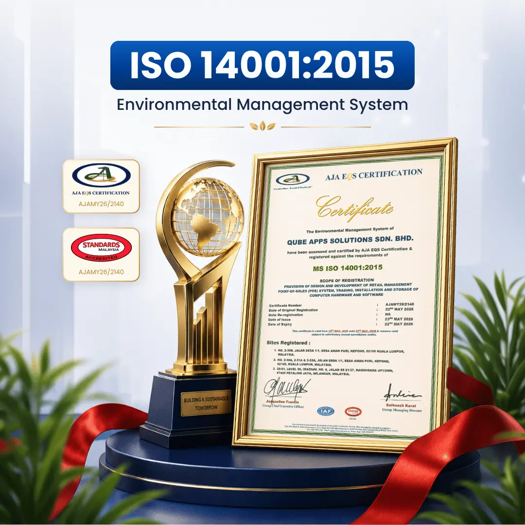 QUBE APPS Certified Poster for ISO14001 EMS Impact Aspect Register 2026-2029 ISO 14001:2015 Environmental Management System recognition display featuring Qube Apps Solutions Sdn. Bhd. certification in a premium frame alongside an award trophy.