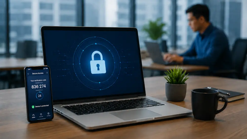 endpoint-protection-secure-access-devices Laptop and mobile device showing secure access protection for endpoint security monitoring