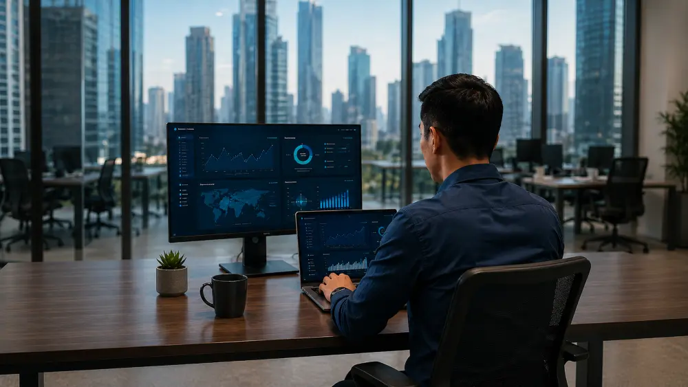 Business professional reviewing endpoint security dashboards for company devices in a modern office