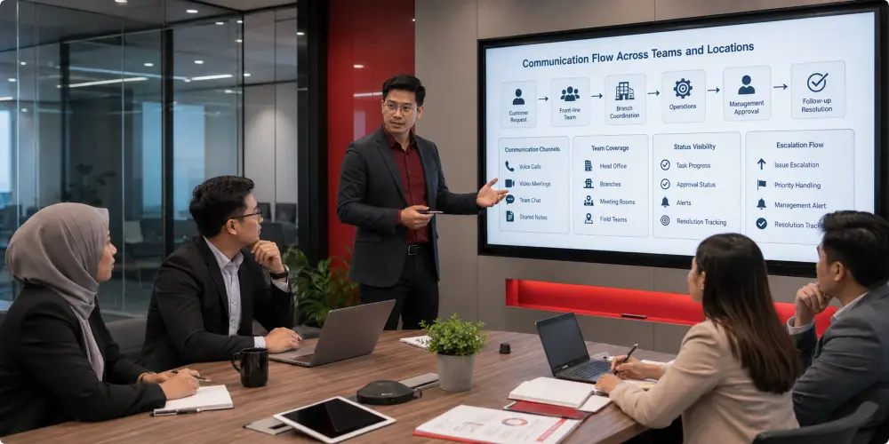 How-QubeApps-Helps-Build-the-Right-Communication-Setup IT consultant explaining communication setup for multi-location teams in a Malaysian office