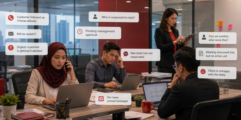Why-Team-Response-Becomes-Slow Business team managing scattered messages and delayed customer follow-up across communication channels