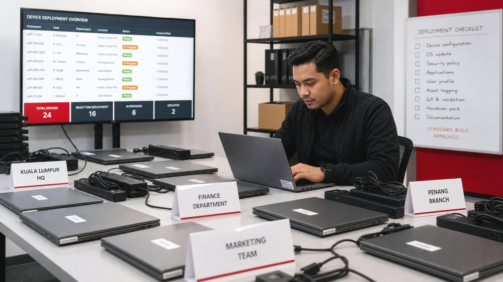 Malaysian IT professional configuring and organising business laptops for employee deployment