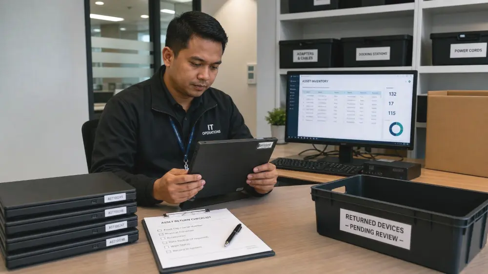 Malaysian IT professional securely handling returned business laptops for retirement and record review Malaysian IT professional securely handling returned business laptops for retirement and record review