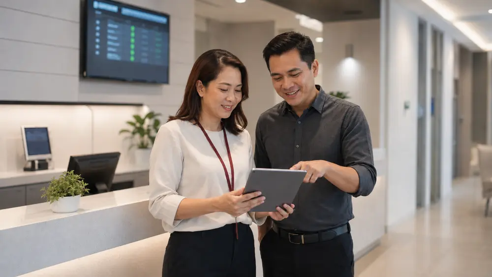 ASEAN clinic manager and IT professional confidently reviewing secure clinic systems after implementing cybersecurity measures.