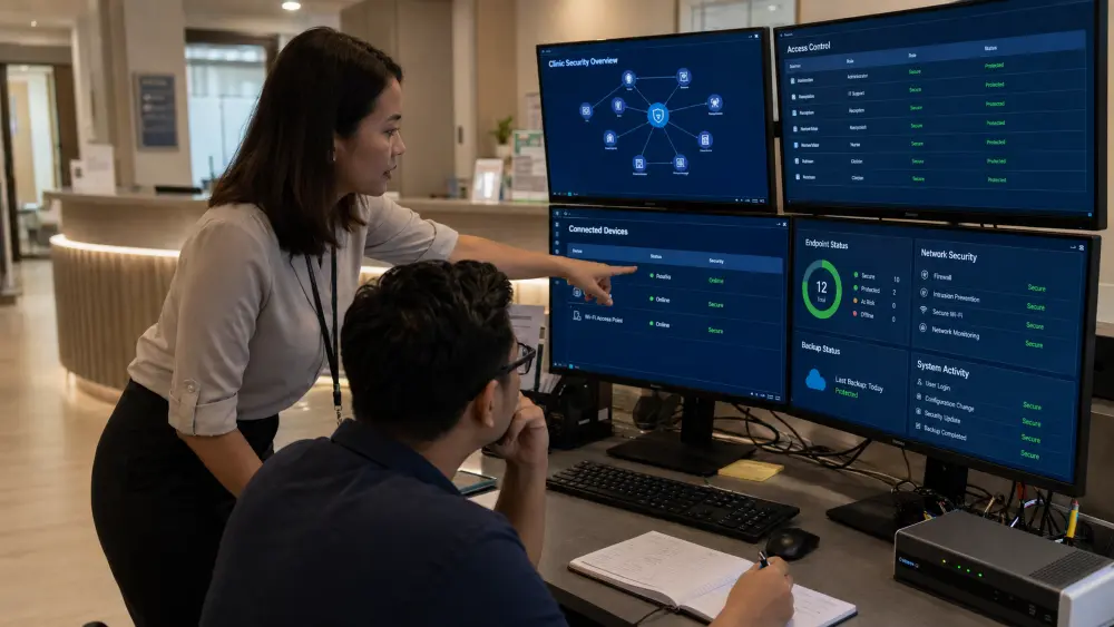 Malaysian clinic manager and IT professional reviewing access controls, connected devices, network security and backup status.
