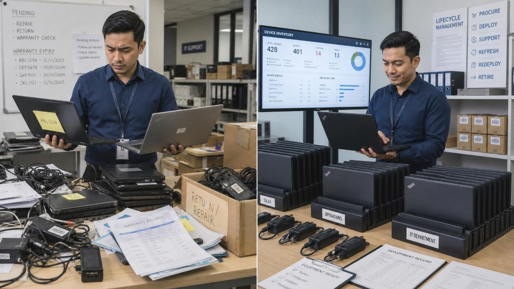 Malaysian IT professional comparing reactive device handling with a structured device lifecycle environment Malaysian IT professional comparing reactive device handling with a structured device lifecycle environment