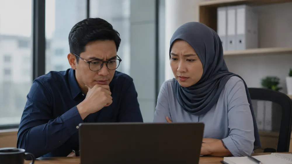 SME team reviewing possible cybersecurity gaps on a laptop in a modern office
