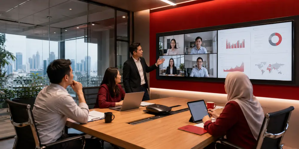 Malaysian business team using video conferencing solutions to communicate across multiple locations