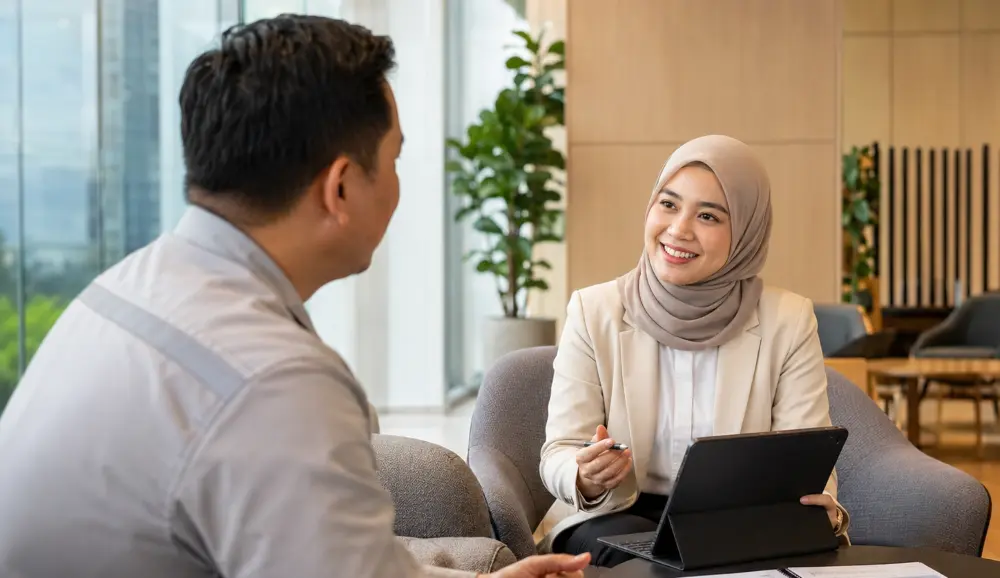 Malaysian female consultant discussing factory canteen management requirements with a business decision-maker