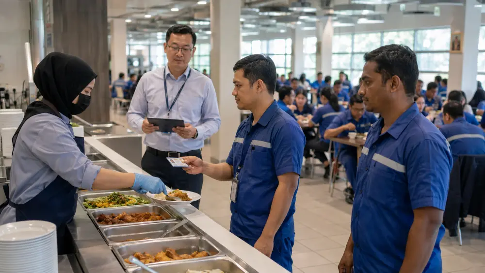 Malaysian factory employees using an industrial canteen management system during a busy meal period