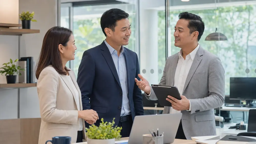 Managed IT consultant discussing business technology support with ASEAN business leaders in a Malaysian office. Managed IT consultant discussing business technology support with ASEAN business leaders in a Malaysian office.