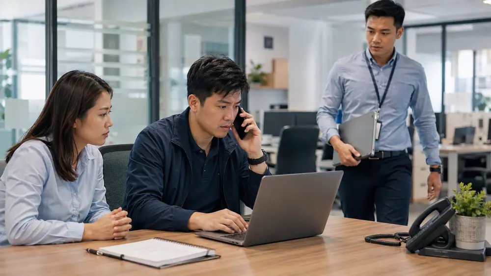 Internal IT employee handling recurring technical problems while employees wait for support in a Malaysian office. Internal IT employee handling recurring technical problems while employees wait for support in a Malaysian office.