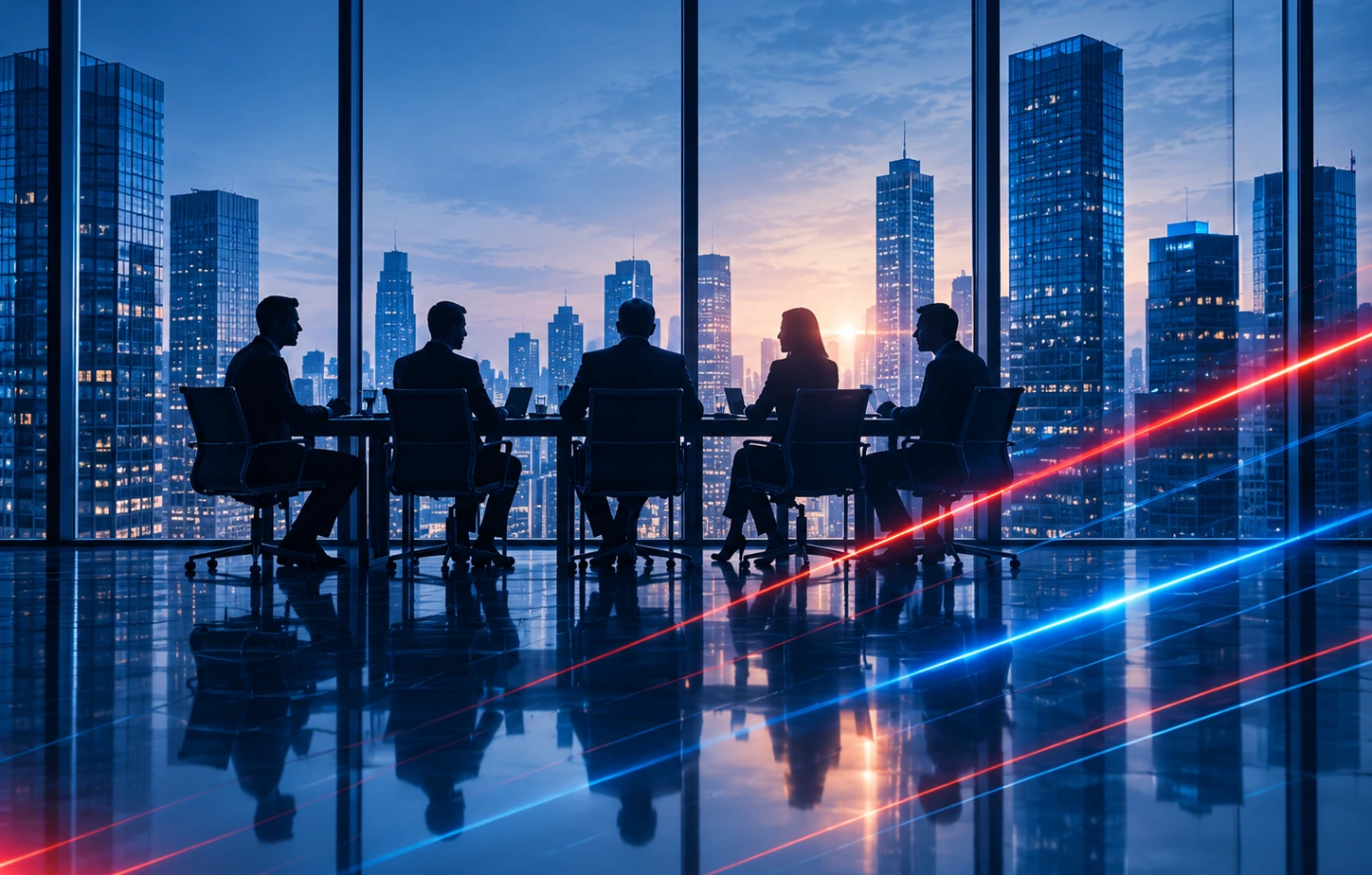 Corporate Governance Business leaders in a meeting room overlooking a city skyline