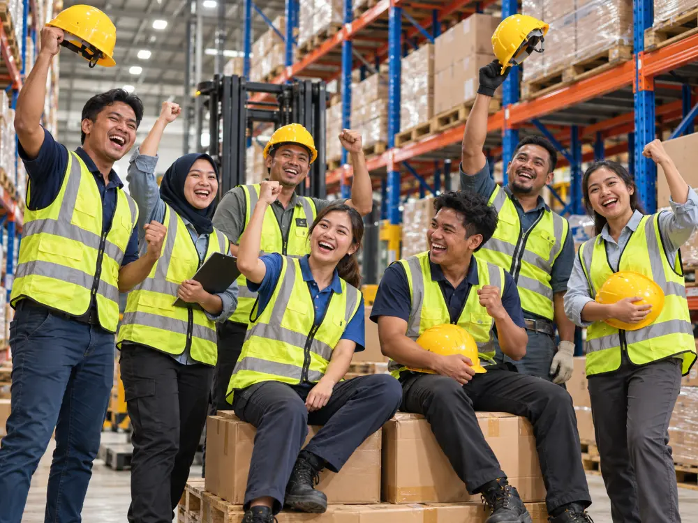 ASEAN warehouse team celebrating together in a modern warehouse with cartons, racks and safety gear. ASEAN warehouse team celebrating together in a modern warehouse with cartons, racks and safety gear.