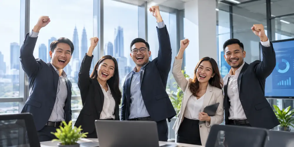Malaysian business team celebrating after strengthening business firewall and cybersecurity protection Malaysian business team celebrating after strengthening business firewall and cybersecurity protection
